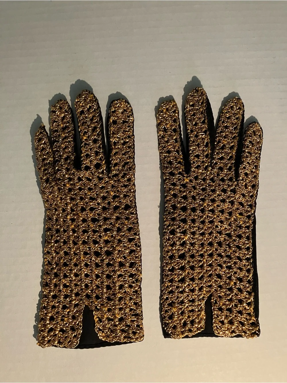 Gold Metallic Crochet Knit and Suede Gloves